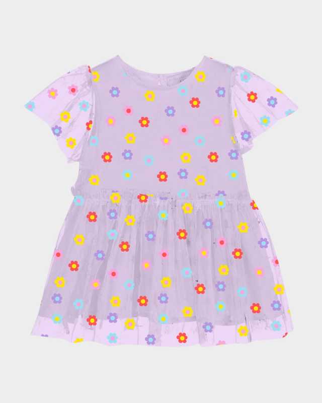 Girl's Flowers Tulle Short-Sleeve Dress, Size 6M-18